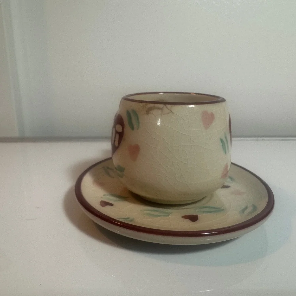 Mini Espresso Cup and Saucer Set Cracked Glaze Heart Rose‎ Design